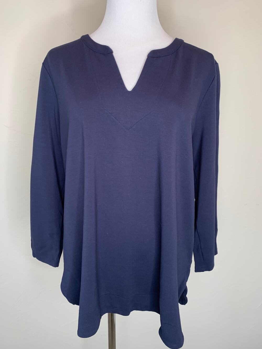 J Jill Wearever Blue Pullover Top Split Neck Sz Large